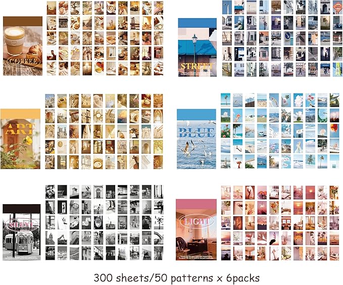 6 Sets 300 Pcs Washi Stickers Book for Journaling, Daily Scenery Life Stuff Travel Sricker Vintage Aesthetic Fashion Scrapbook Stickers Set for Bullet Journal Art Diary Craft Gifts Planner Notebook