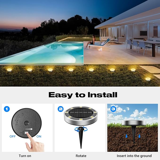Peasur Solar Ground Lights Outdoor, 24 Pack Flat Solar Powered Disc Lights, IP68 Waterproof, Anti-Rust, Landscape Lighting for Pathway Garden Yard Lawn Walkway Landscape Driveway, Warm White