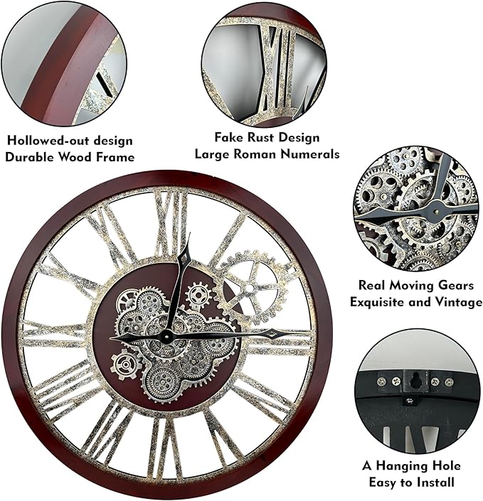 The B-Style Large Real Moving Gears Wall Clock 30 Inch Rustic Retro Industrial