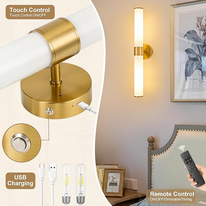 Morauroral Gold Battery Operated Wall Sconces Set of 2, Rechargeable Wall Lights