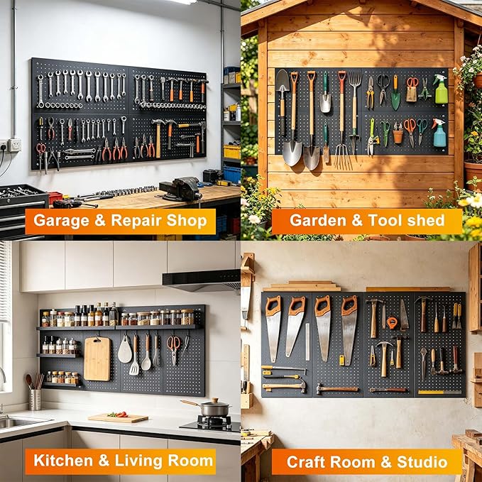 Metal Pegboard Panels,Wall Panels, Heavy Duty Peg Boards for Garage and Garden Tool Storage, Includes Drywall Anchors and Screws Kits, Black