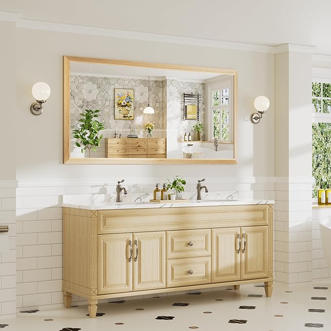72x36 Inch Bathroom Mirror for Wall, Anti-Rust Oak Wood Grain Metal Framed