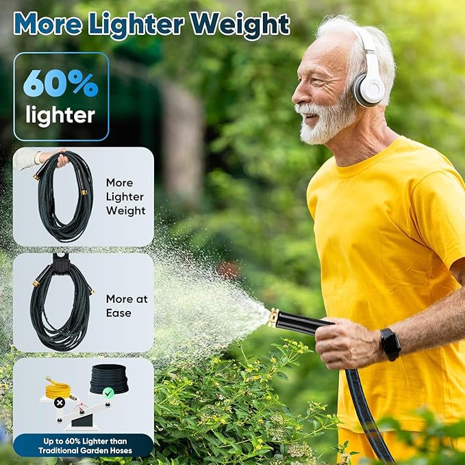 Garden Hose 50ft, Non-Expanding Water Hose, Flexible Ultra-Light, Anti-Kink, Wear-Resistant, Portable, Easy Storage, Hose with 3/4 for Outdoor, Garden, Yard and Lawn, Black Lake Blue