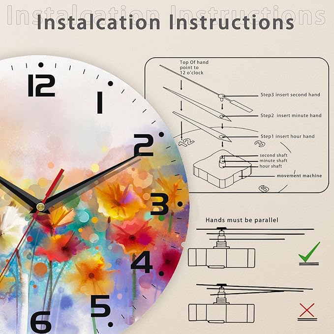 Clock for Living Room, Vintage Wild Floral Wall Clock Vintage Wooden Wall Clock