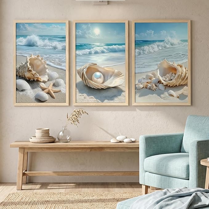 SYWENNOI 3 Piece Wood Framed Beach Wall Art, Sandy Shore, Pearl in Shell