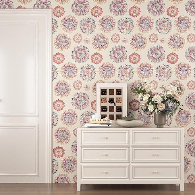 Boho Wallpaper Peel and Stick, Vintage Circle Floral Contact Paper, Abstact