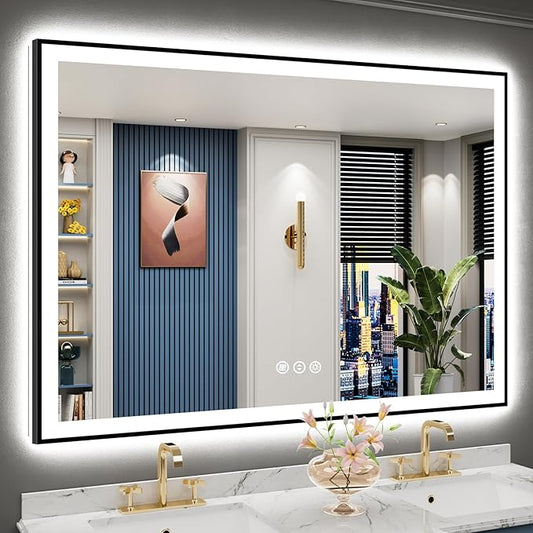 55x40 Black Framed LED Bathroom Mirror