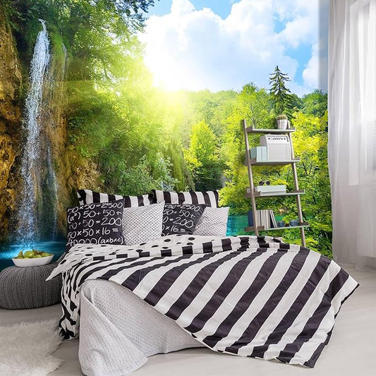 -Green Lake Waterfall Scenery Fabric Wallpaper Living Room Woodland Forest