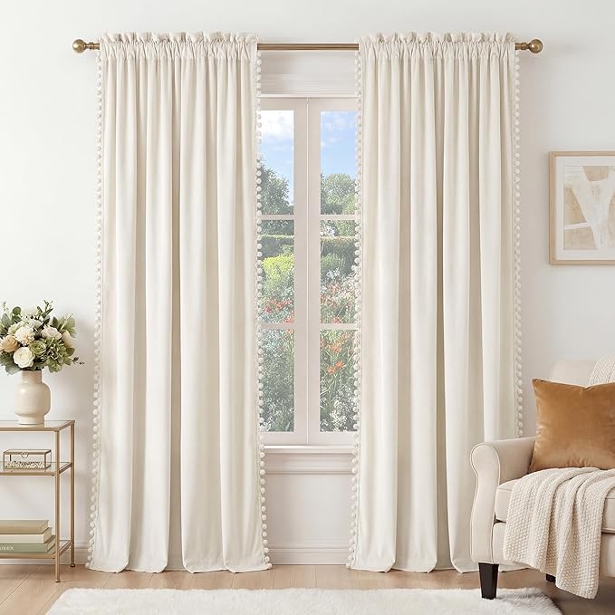 NICETOWN Cute Pom-Pom Trim Velvet Curtains 8 ft Long, Ivory White – Delicate