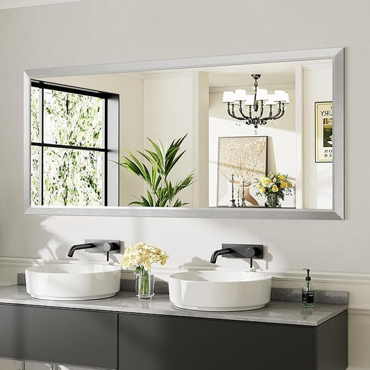 72x32 Inch Brushed Silver Bathroom Mirror