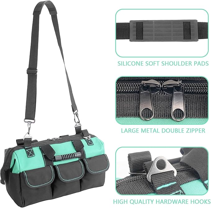 Women Garden Tools Bag 16inch Wide Mouth Tool Bag with Molded Base and Plastic-Padded, Inside Pockets for Tool Storage and Organization,600D polyester fabric (Teal color)