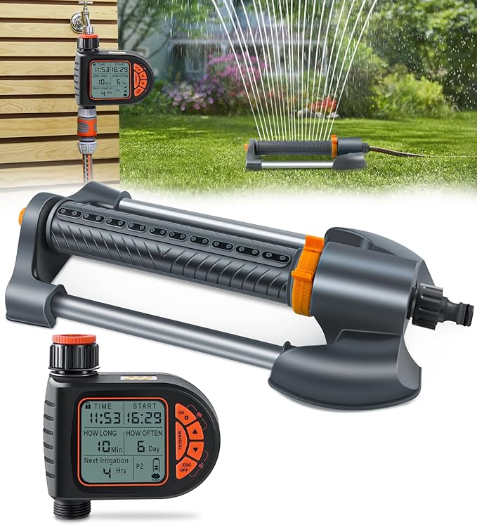 Oscillating Sprinkler with Irrigation Timer, Adjustable Sprinklers for Yard Large Area, Cover up to 3,600 sq. ft, Programmable Water Sprinkler Timer, Rain Delay Lawn & Garden Sprinklers Timer
