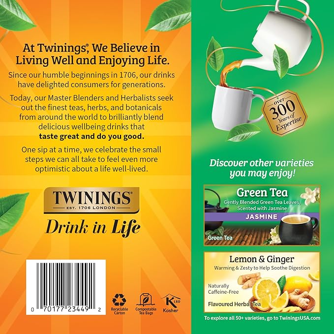 Twinings Pure Green Tea Individually Wrapped Bags, 100 Count (Pack of 1), Smooth & Refreshing, Caffeinated, Enjoy Hot or Iced, 100 Teabags