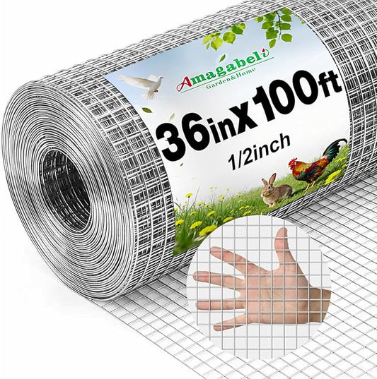 Amagabeli Hardware Cloth 1/2 inch 36inx100ft 19 Gauge Chicken Wire Hot-Dipped Galvanized After Welding Welded Wire Fencing Mesh Roll Garden Plant Support Poultry Netting Rabbit Cage Snake Gopher Fence