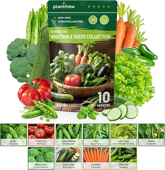10 Vegetable Seeds Pack - Heirloom - Basil, Snap Pea, Broccoli, Bean, JalapeÃ±o Pepper, Tomato, Lettuce, Cucumber, Carrot, Zucchini Seeds for Planting Home Garden