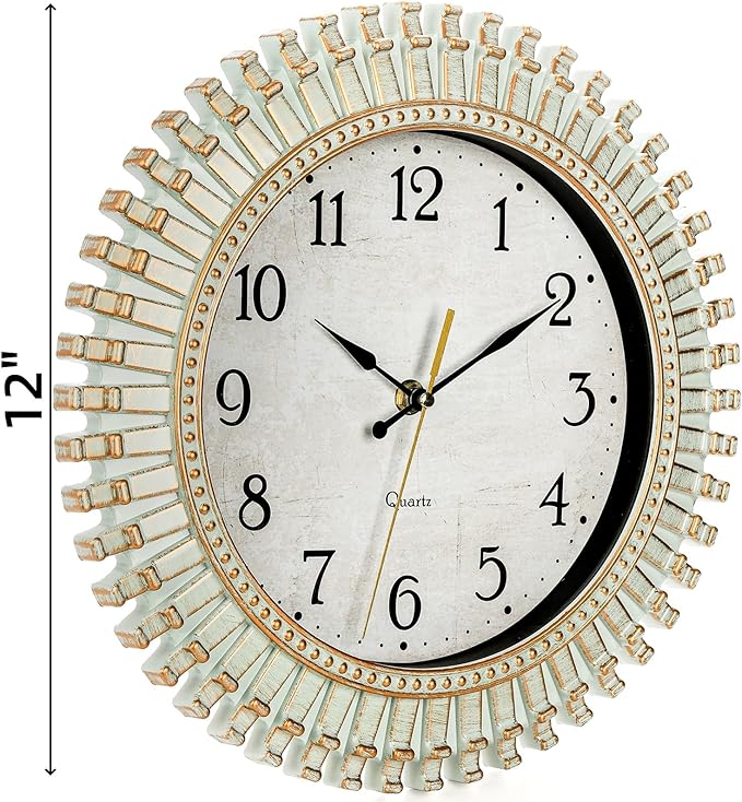 Noamus 12" Retro Wall Clock, Silent Non-Ticking Round Clock, Aqua Battery