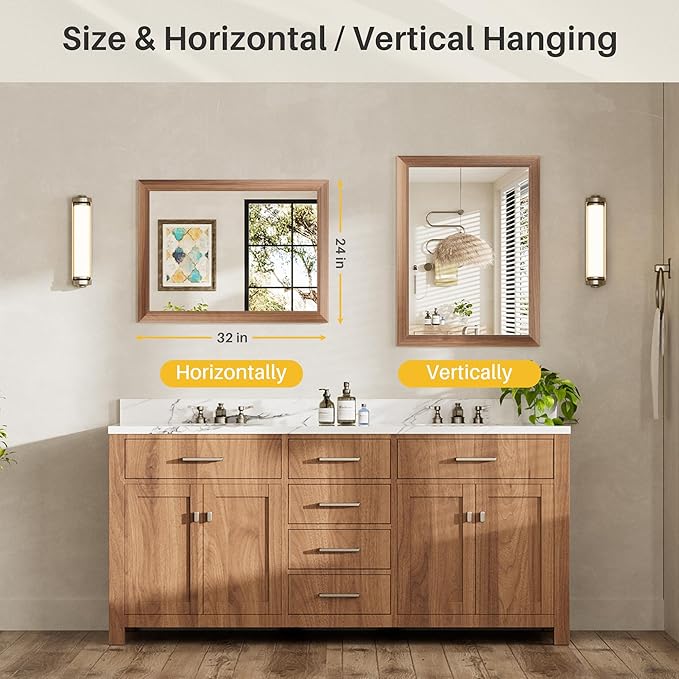 24x32 Inch Bathroom Mirror for Wall, Anti-Rust Walnut Wood Grain Metal Framed