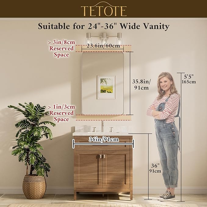 TETOTE Brushed Gold Bathroom Mirror, 24 x 36 Inch Metal Framed Mirror, Brushed