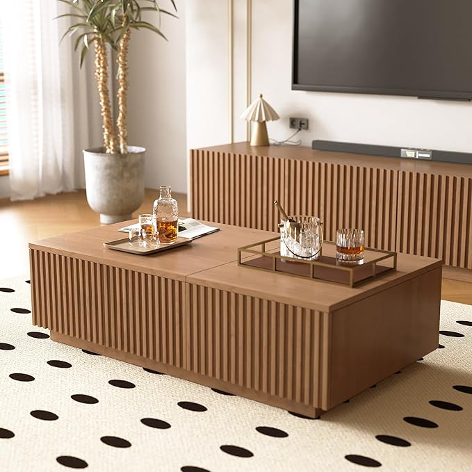 NessCarsti 51.1" Mid-Century Modern Lift Top Coffee Table, Walnut Rectangular Center Table with Hidden Storage & Drawers, for Living Room, Apartment, Office