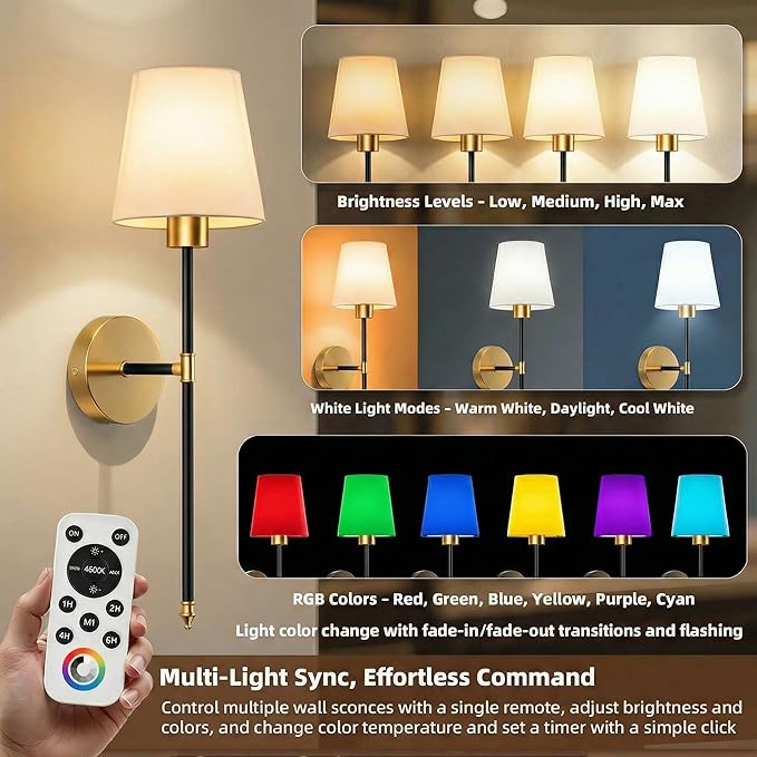 IRONPAX Wall Sconces Battery Operated Set of 2, Wireless Rechargeable Wall