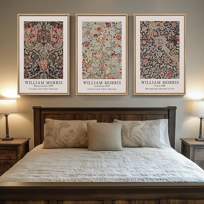 Framed Large William Morris Canvas Wall Art Set of 3, Vintage Floral Botanical