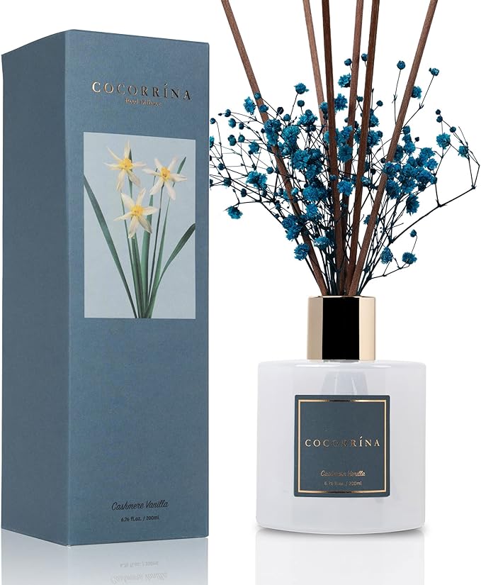 Cocorrína Premium Reed Diffuser Set with Preserved Baby's Breath, Cashmere Vanilla | 6.7 fl oz Reed Diffuser for Bedroom Bathroom Home Décor