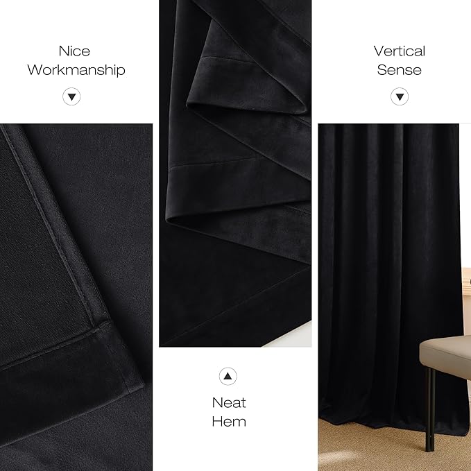 NICETOWN Black Velvet Blackout Curtains, Solid Heavy Matt Rod Pocket