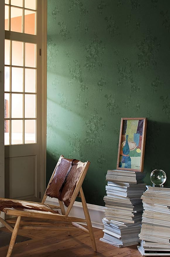 Erfoni 197"x17.7" Green Thicken Floral Embossed Wall Paper Pure Green Peel and