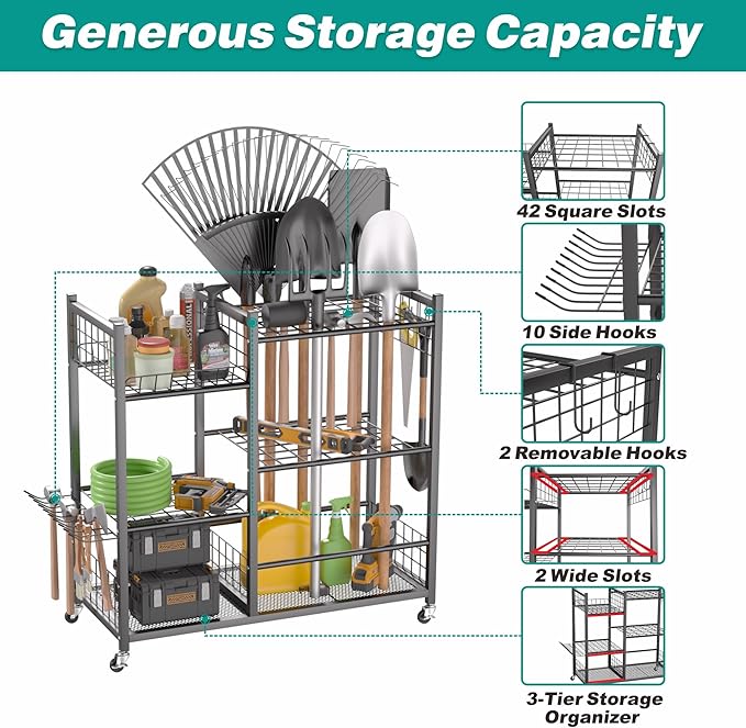 EVERHANGER Garden Tool Organizer, Garage Tool Storage Stand Organizer with Lockable Wheels, Yard Tool Racks, Fit for Long-Handled Tools/Rakes/Brooms