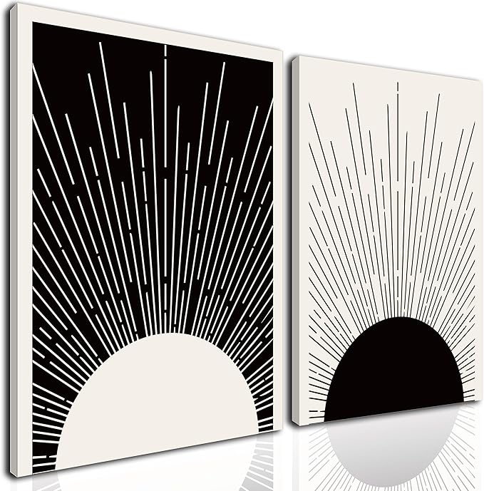 Hwetui Framed Boho Sun Wall Art Set of 2 Black and White Minimalist Sunrise