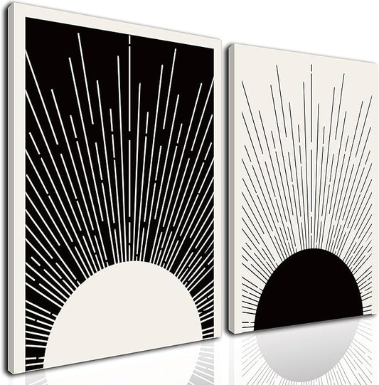 Hwetui Framed Boho Sun Wall Art Set of 2 Black and White Minimalist Sunrise
