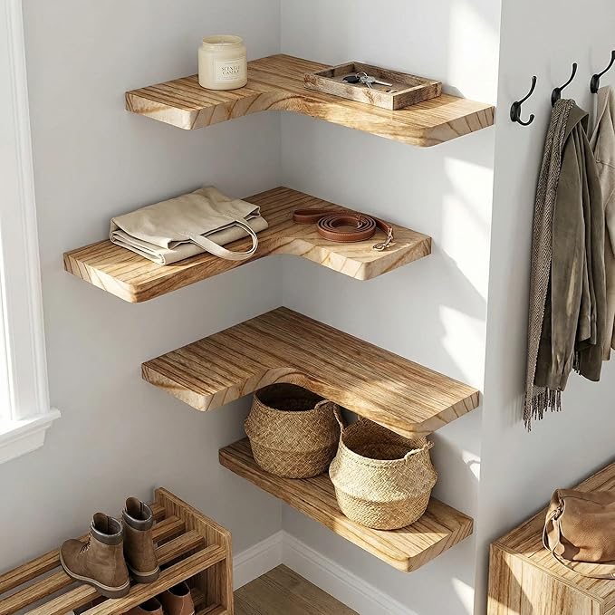 16 Inch Solid Wood Floating Corner Shelves 3 Pack