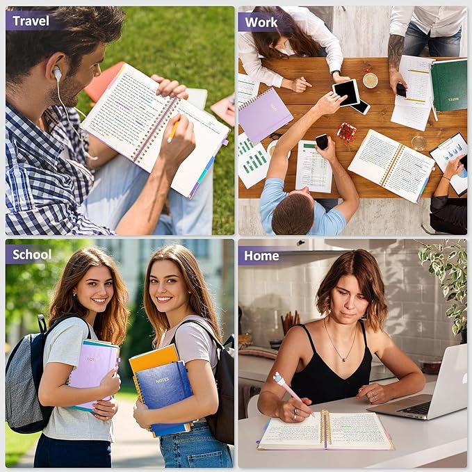 Hardcover Spiral Notebook Journal, 8"x10" Large B5 Notebooks with Removable Dividers Tabs, 300 Pages Leather 5 Subject Notebook College Ruled, Journal for Work School Note, 100 GSM Thick Paper,Purple.