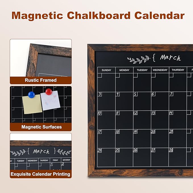 Chalkboard Calendar for Wall, Small Rustic Framed Magnetic Chalkboard for Home
