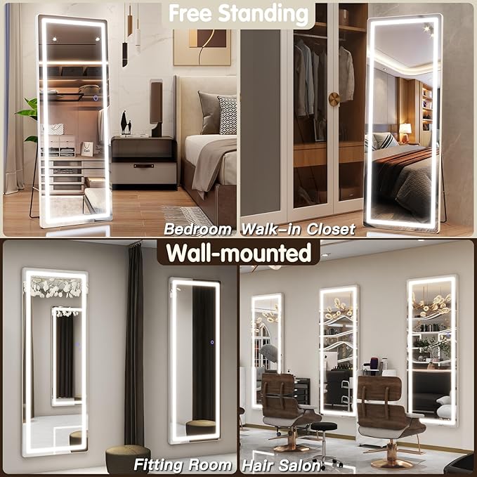 FENNIO Full Length Mirror with Lights, Free Standing Lighted Floor Mirror
