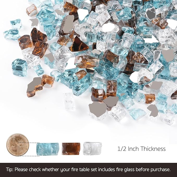GASPRO 10 lbs Fire Glass for Propane Fire Pit, 1/2-Inch Reflective Fireplace Glass Rocks for Fire Pit Table, Light Blue Copper White