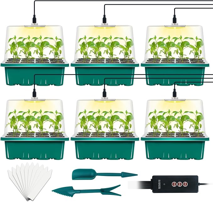 6-Set Seed Starter Tray with Grow Light, Seed Starting Trays Kits with Timing Controller Adjustable Humidity Domes Heightened Lids(12-Cells Per Tray)