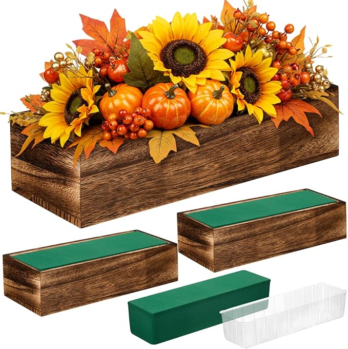 Dandat 3 Set Wood Boxes for Centerpieces Rectangle Wooden Planter Box Rustic Wood Planter with Removable Plastic Liner Floral Foam Blocks for Centerpieces Home Wedding Garden Decor (12x4 Inch)