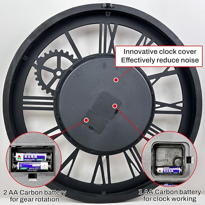 The B-Style Large Wall Clock 24 inch Moving Gear Wall Clock Oversized Vintage