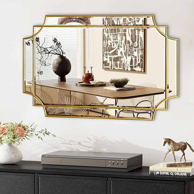 HQiJun Gold Mirror for Wall, 36x24 Gold Wood Framed, Scalloped Beveled Polished