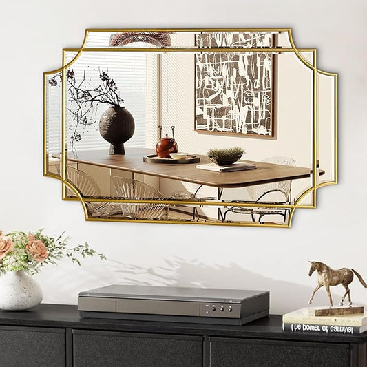 HQiJun Gold Mirror for Wall, 36x24 Gold Wood Framed, Scalloped Beveled Polished