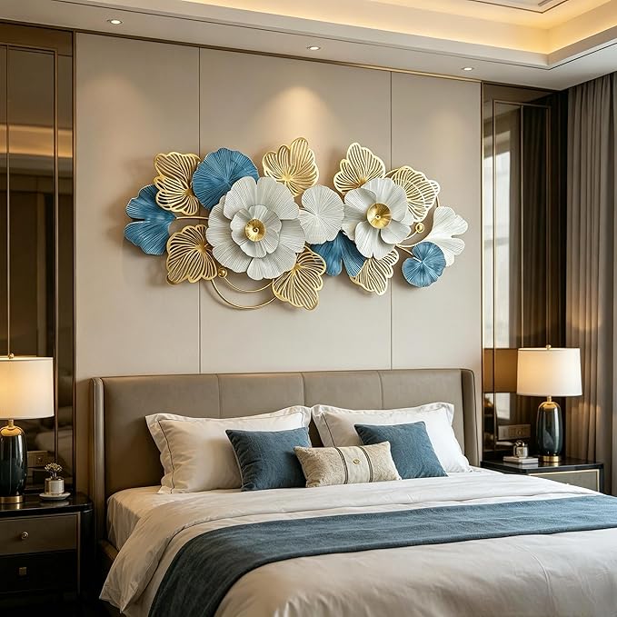 Roivikis Large Metal Wall Art for Living Room, Extra Large Metal Wall Decor, 3D Lotus Abstract Flower Modern Leaves Wall Decoration, for Indoor Outdoor Bedroom, Entryway