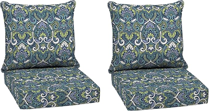 Arden Outdoor Deep Seat Cushion Set (2-Pack), 24 in x 24 in, Weather-Proof, Rain-Proof, Fade Resistant Patio Cushion for Chair, Sofa, and Couch Sapphire Aurora Blue Damask