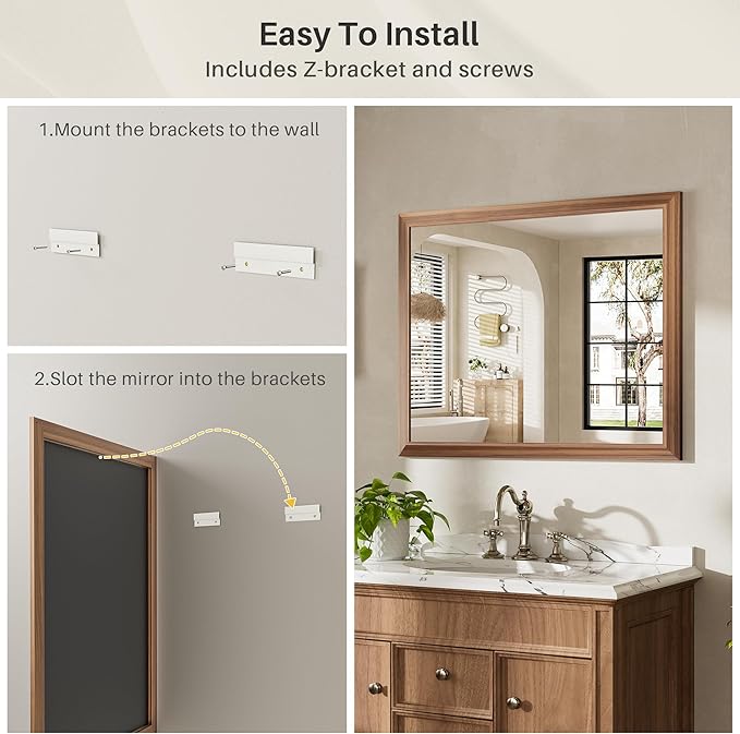 40x36 Inch Bathroom Mirror for Wall, Anti-Rust Walnut Wood Grain Metal Framed