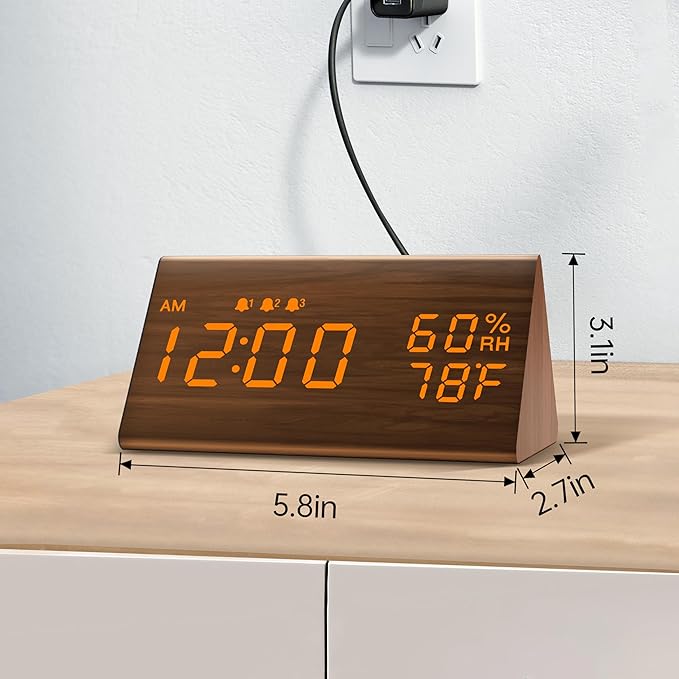JALL Digital Alarm Clock, with Wooden Electronic LED Time Display, 3 Alarm Settings, Humidity & Temperature Detect, Wood Made Electric Clocks for Bedroom, Bedside (Brown)