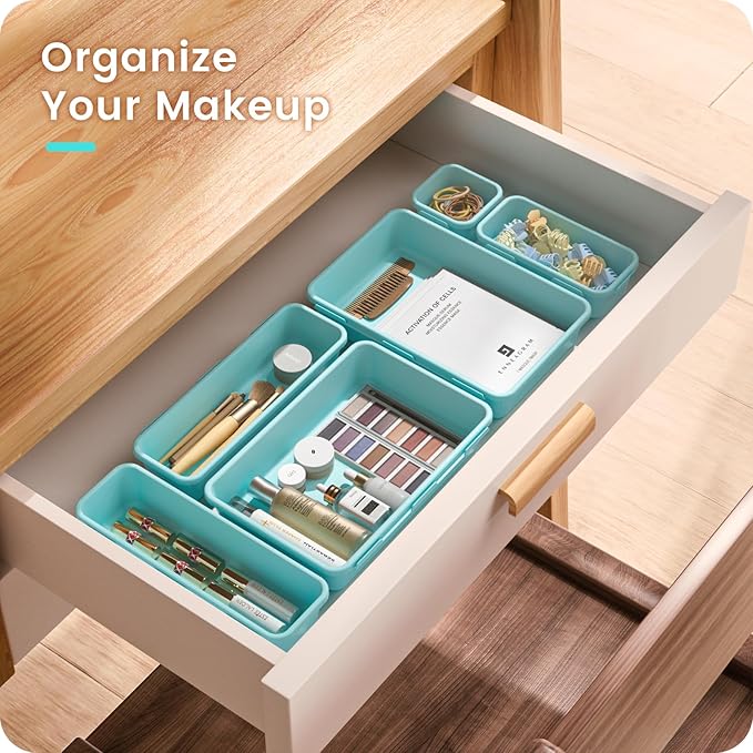 A-LuGei 【𝟮𝟴𝗣𝗖𝗦】 【𝟱𝗦𝗶𝘇𝗲】 BlueGreen Drawer Organizer, Makeup organizer, 【Holds 177 Items】 Bathroom Organizers and Storage, Plastic Desk Organizer Divider, Organizer Bins for Office Vanity