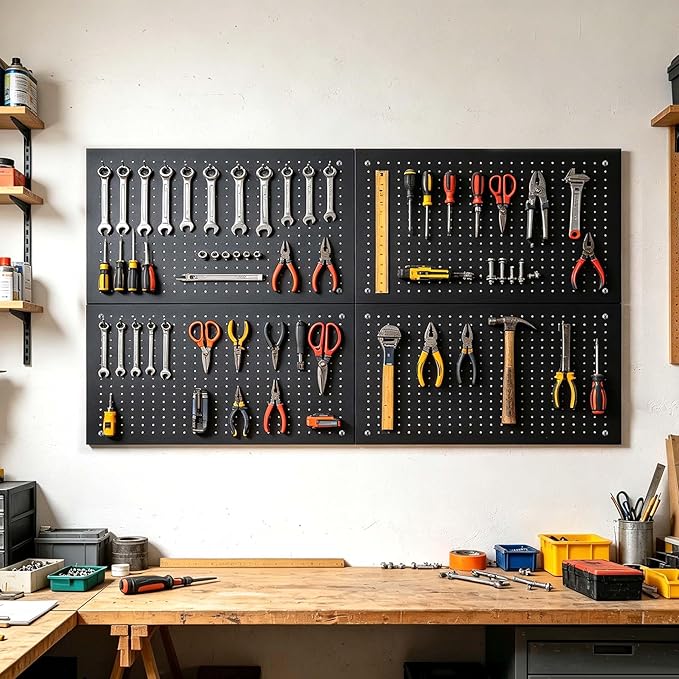 Metal Pegboard Panels,Wall Panels, Heavy Duty Peg Boards for Garage and Garden Tool Storage, Includes Drywall Anchors and Screws Kits, Black