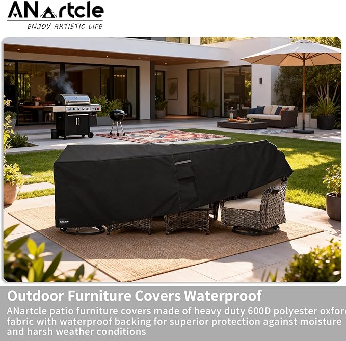 ANartcle Patio Furniture Covers 111L x 74W x 28H inch,600D Waterproof Heavy Duty Outdoor Furniture Covers,Outdoor Wicker Furniture Set with Swivel Patio Chairs General Purpose Furniture Cover,Black