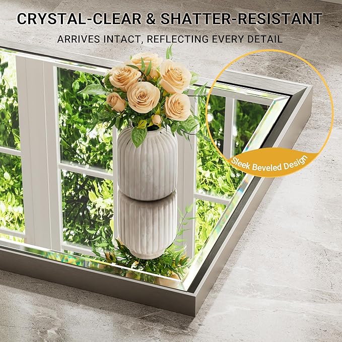 60 x 36 Brushed Nickel Bathroom Mirror, Beveled Framed Rectangle