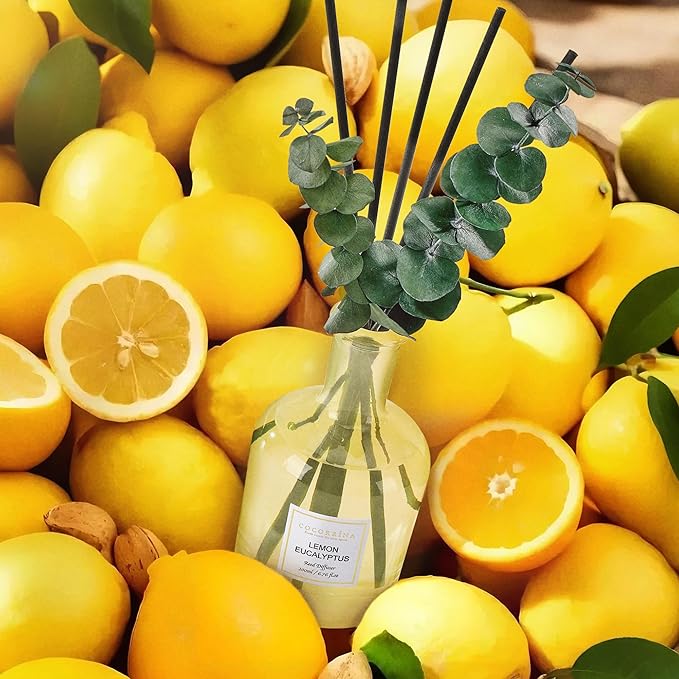 COCORRÍNA Lemon Eucalyptus Reed Diffuser – 6.76 oz Essential Oil with Sticks & Dried Eucalyptus Branches, Home Fragrance for Bedroom or Bathroom Décor